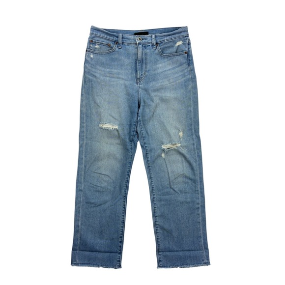 Uniqlo Jeans Women's 26 High Rise Boyfriend Straight Light Blue Distressed Hem - Picture 1 of 13